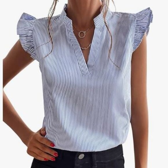 NWOT Women's Striped Ruffle Cap Sleeve Notched V Neck Blouse - Picture 1 of 8
